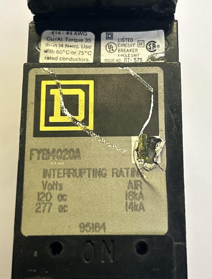 Used SQUARE D,FYB4020A,I-LINE CIRCUIT BREAKER 20A 277V 1P