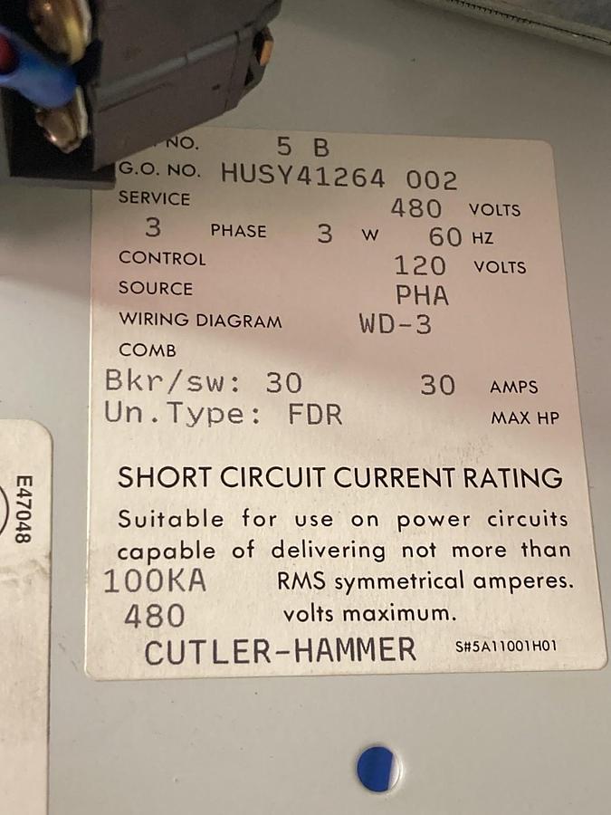 Used Cutler Hammer,30 Amps,12 INCH MCC Disconnect FUSED Feeder Bucket 60Hz 480V