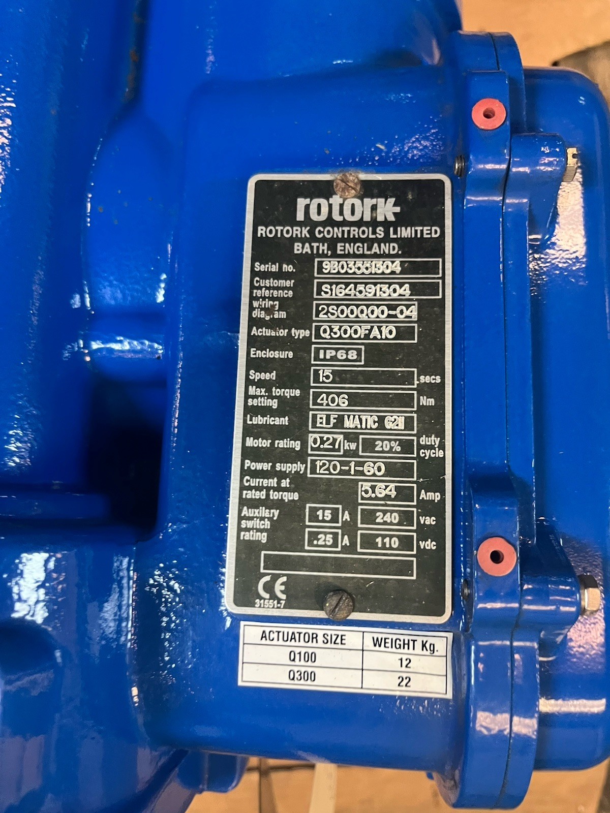 ROTORK,Q300FA10,VALVE ACTUATOR 8" 200PSI BUTTERFLY VALVE