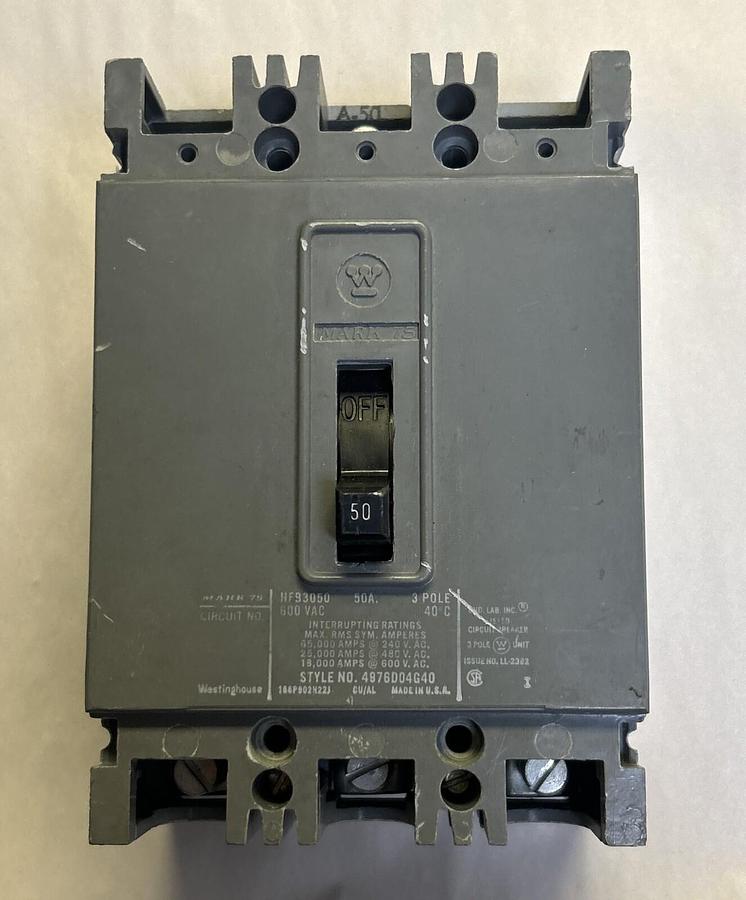 Used WESTINGHOUSE,HFB3050,CIRCUIT BREAKER 50A 600V 3P