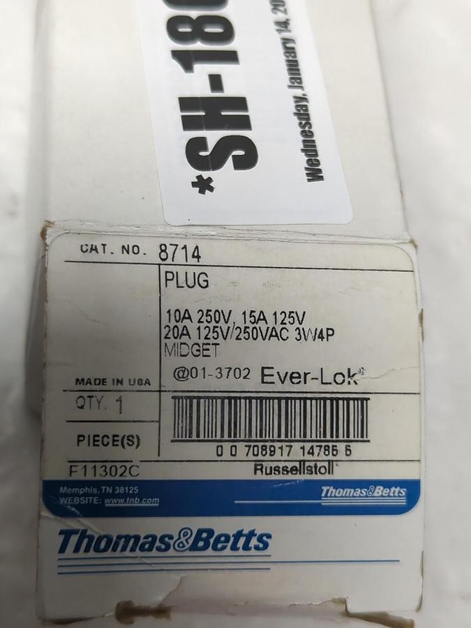 T&B RUSSELLSTOLL,8714,MIDGET EVER-LOC PLUG 10/15/20A 125/250VAC 3W4P NOS