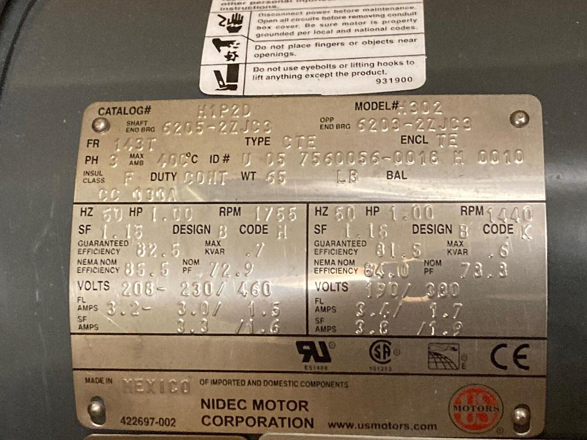 US Motor,H1P2D,3-Phase Motor 1 HP  Frame 143T  1755 RPM