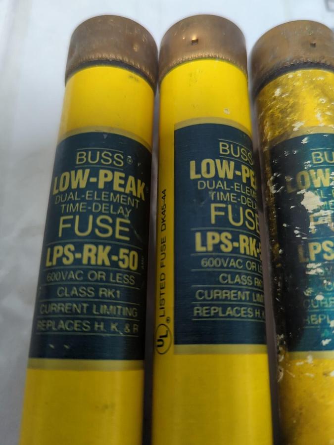 COOPER BUSSMANN,LPS-RK-50,LOW PEAK 50 AMP FUSES LOT OF 3 NOS