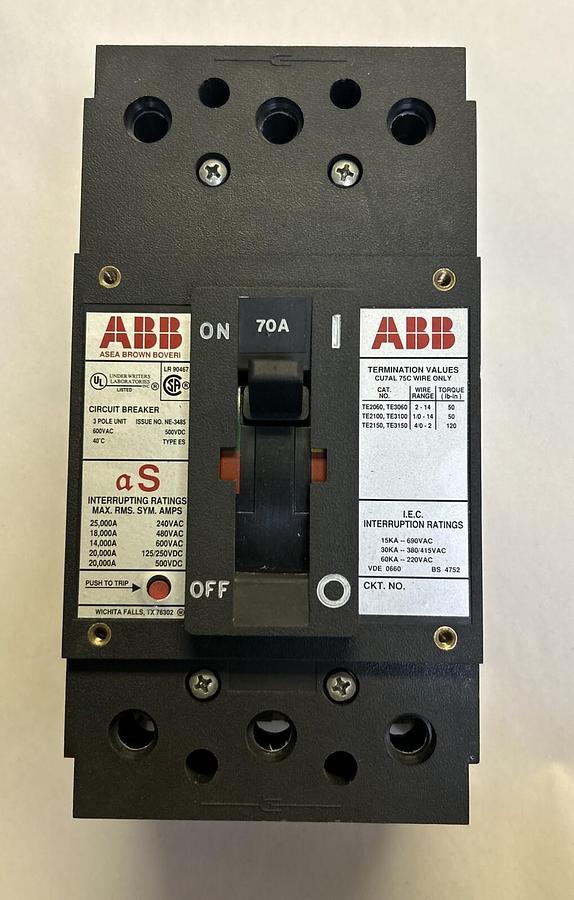 ABB,ESB63070L,CIRCUIT BREAKER 70A 600V 3P NOS
