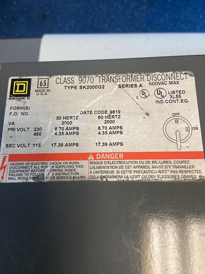 Square D,9007SK2000G2,Transformer Disconnect 2Kva Primary 230/460 Sec 115V