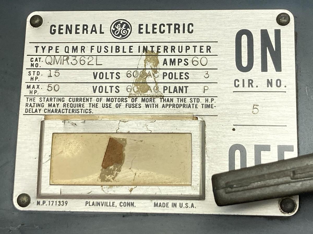 Used GE,THFP362/QMR-362L, Twin Fusible Panelboard Switch Disconnect 60A 600Vac