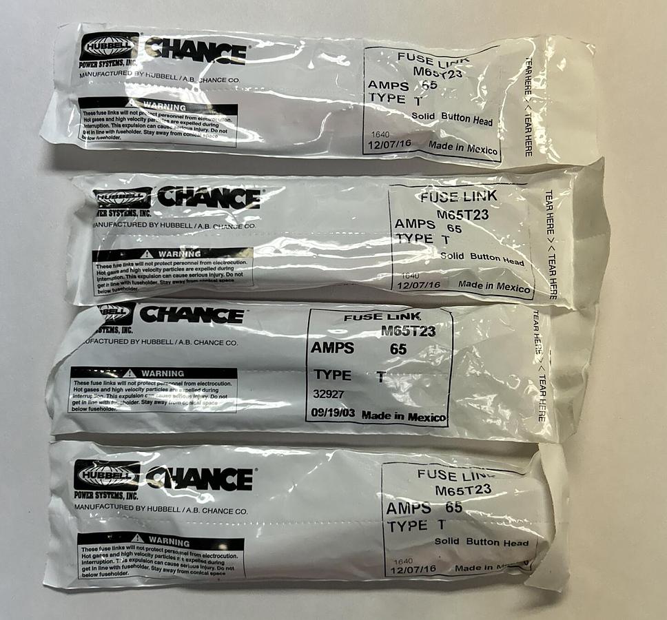 HUBBELL CHANCE,M65T23,FUSE LINK SOLID BUTTON HEAD 65A LOT OF 4 NEW