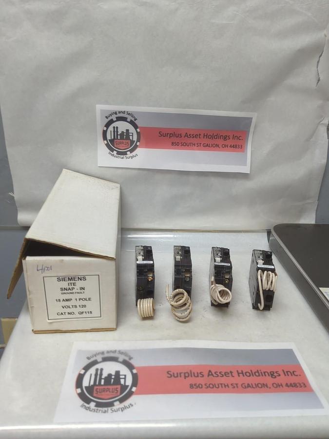 Used SIEMENS,QF115,CIRCUIT BREAKER GROUND FAULT 15 AMP 1-POLE LOT OF 4 PRE-OWNED