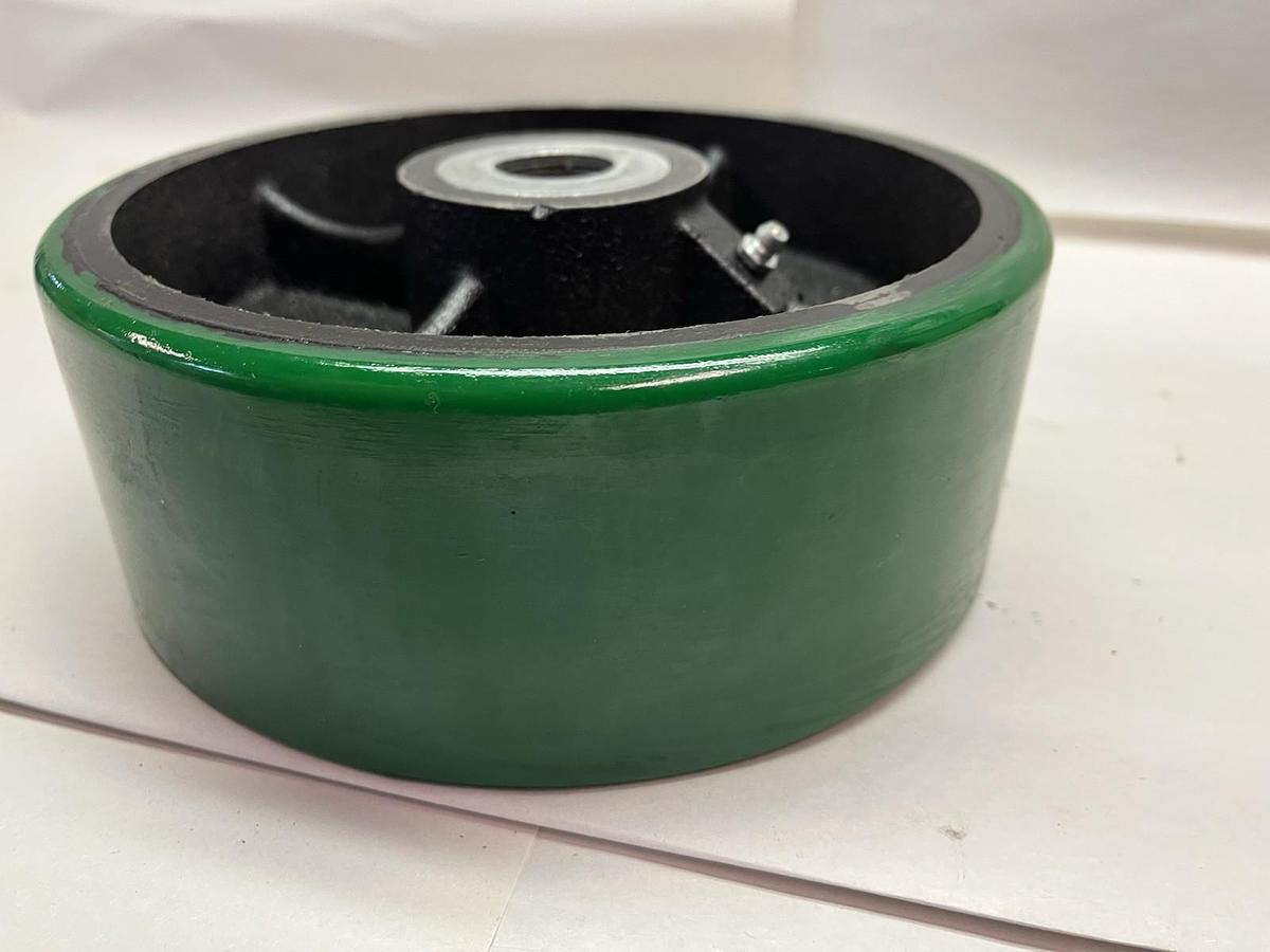 ALBION,PY08501,CASTER WHEEL GREEN POLYURETHANE ON CAST IRON 8"HX3"WX1" BORE