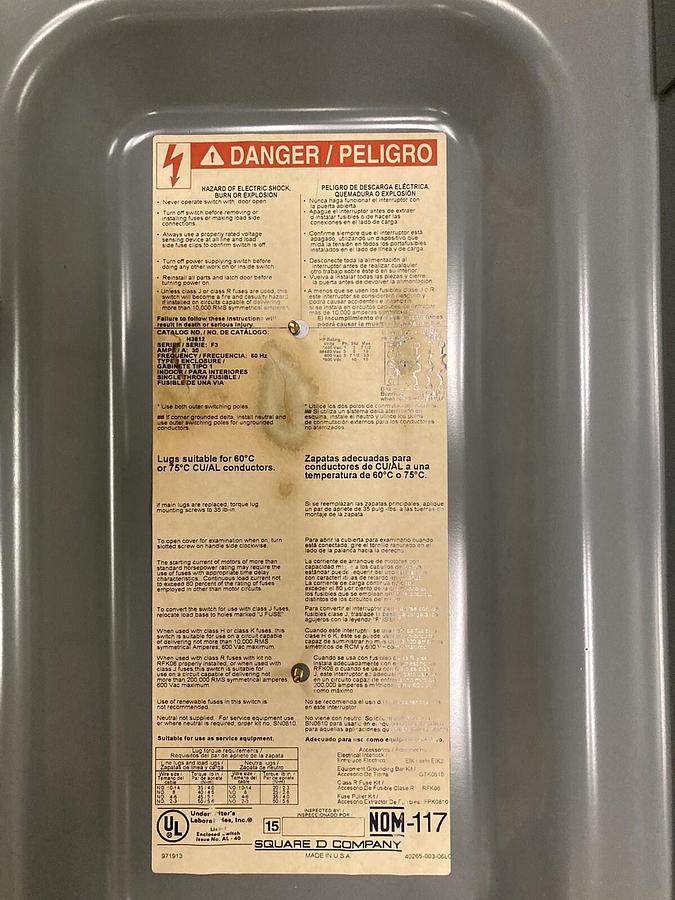 Square D,H3612,Heavy Duty Safety Switch 30 AMP  600 VAC/VDC