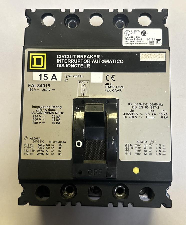 Used SQUARE D,FAL34015,CIRCUIT BREAKER 15A 480V 3P