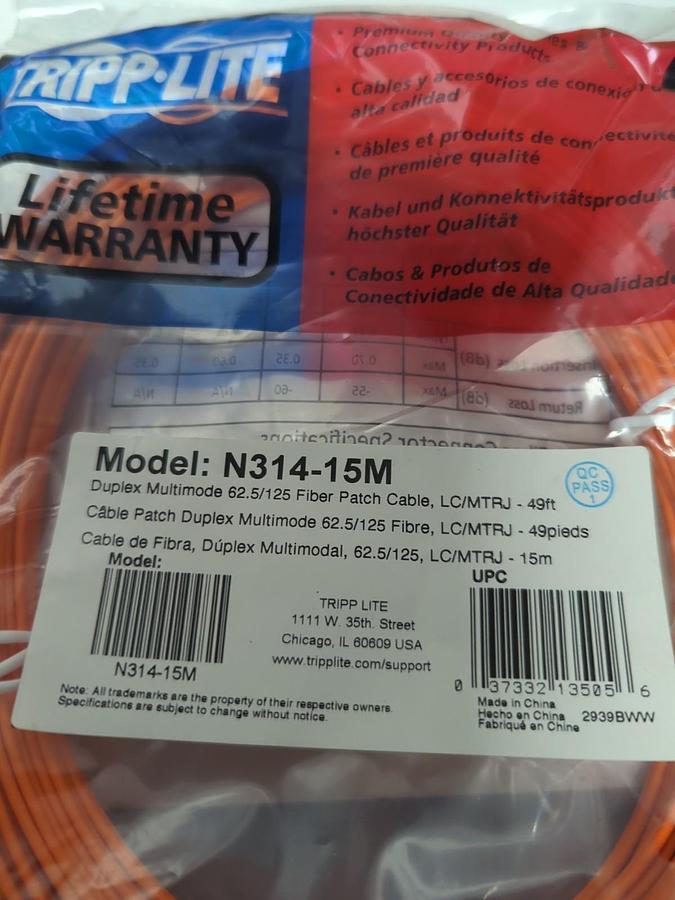 Used TRPP-LITE,N314-15M,DUPLEX MULTIMODE 62.5/125 FIBER PATCH CABLE LOT OF 2 NOS