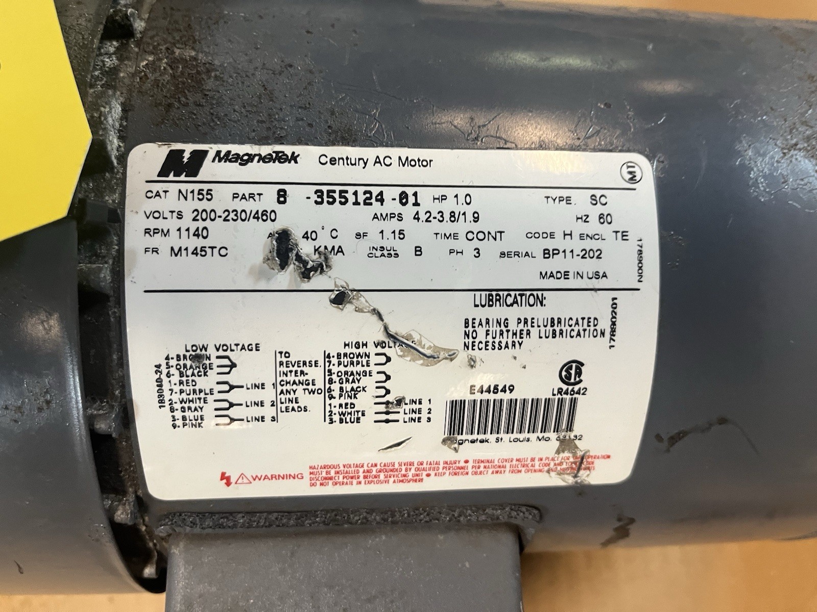 Used MAGNETEK,N155,MOTOR 1HP 1140RPM 3PH M145TC