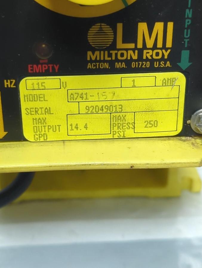 Used LMI MILTON ROY,A741-157,METERING PUMP 115V 1 AMP 250PSI PRE-OWNED
