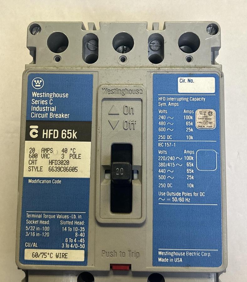 Used WESTINGHOUSE,HFD3020,CIRCUIT BREAKER 20A 600V 3P