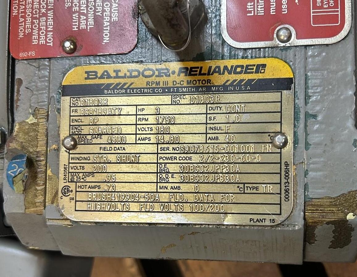 Used BALDOR,D1803R,DC MOTOR 3HP 1750RPM 180VDC FR DC0189ATY