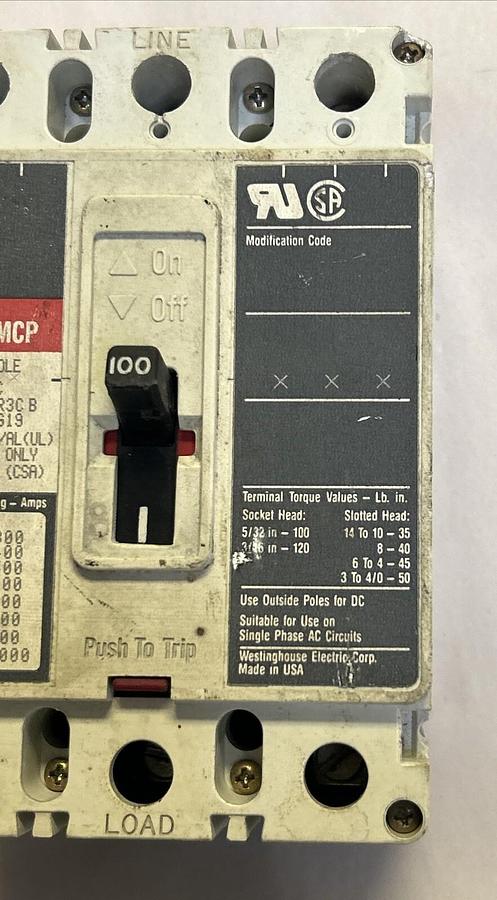 Used WESTINGHOUSE,HMCP100R3C,CIRCUIT BREAKER 100A 600V 3P