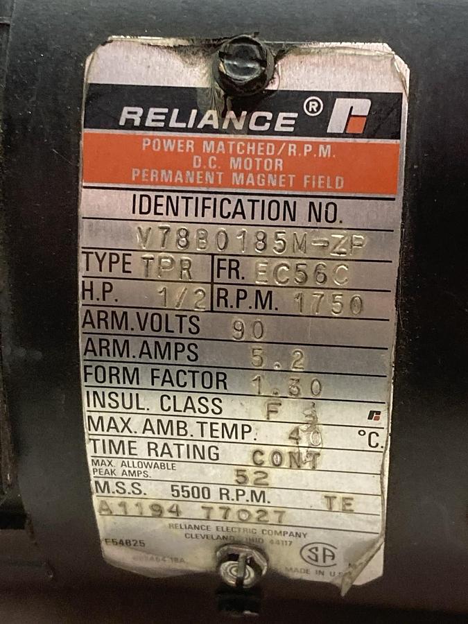 Used Reliance,V78B0185M-ZP,D.C. Motor Type TPR 90V 1750RPM 1/2HP