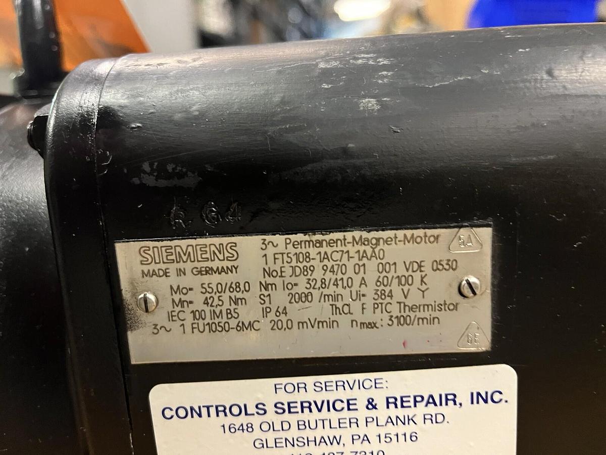 Used SIEMENS,1FT5104-1AC71-1AAO,PERMANENT MAGNET SERVO MOTOR 9.8HP 2000RPM