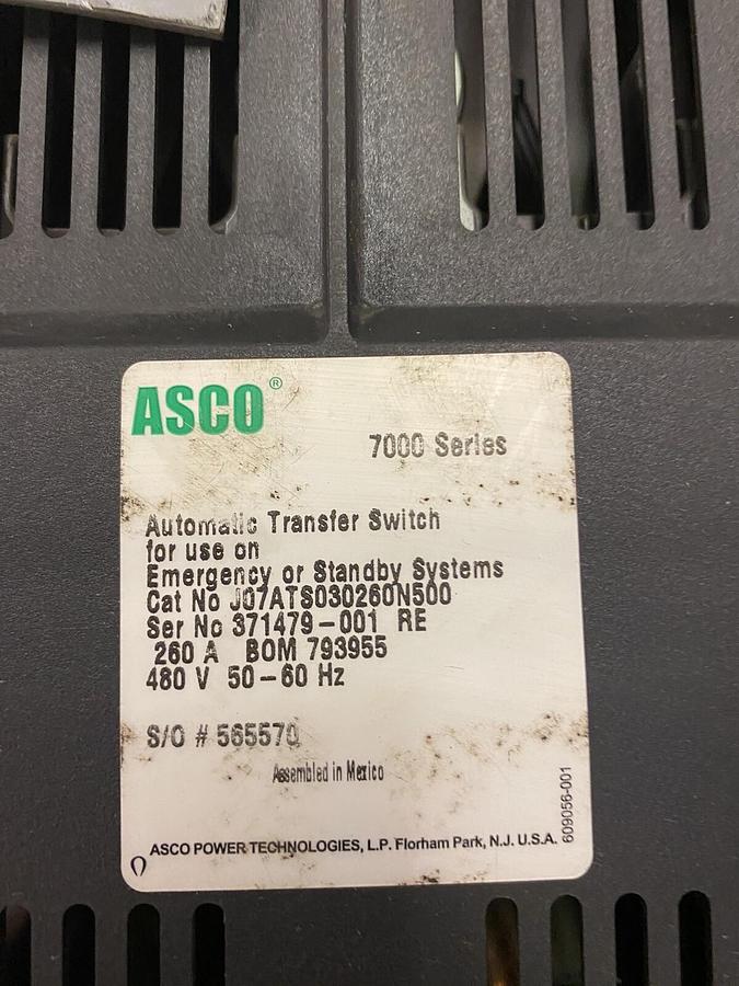 Used ASCO,J07ATS030260N500,7000 SERIES AUTOMATIC TRANSFER SWITCH 260A 480V
