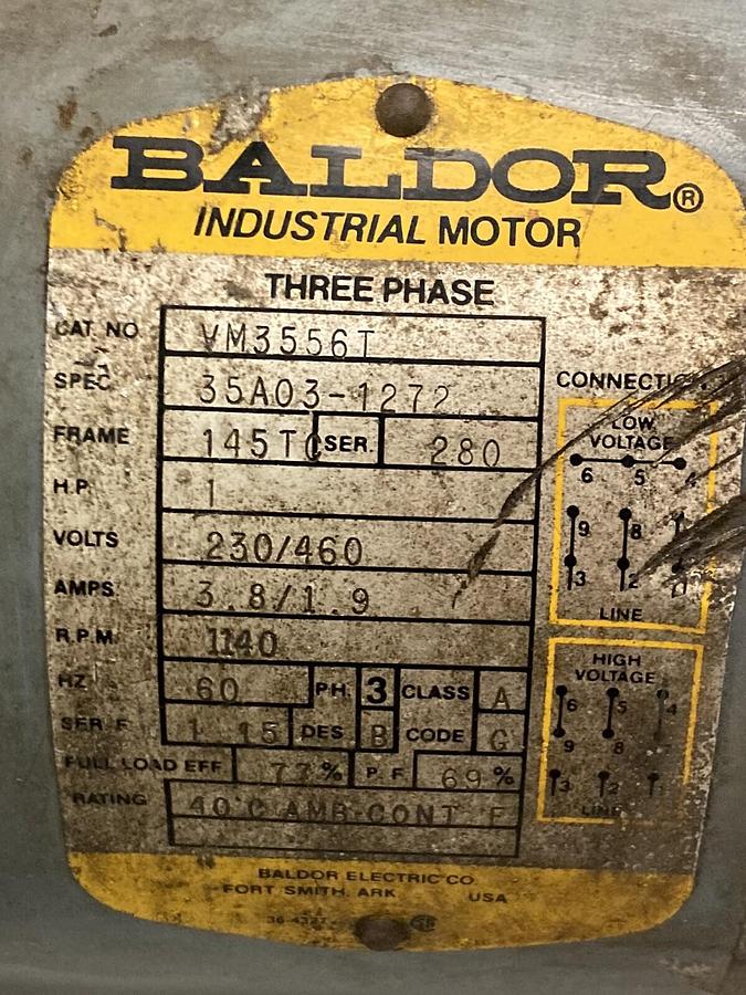 Used Baldor,VM3556T,3-Phase Electric Motor 1140 RPM 230/460V 145T Frame