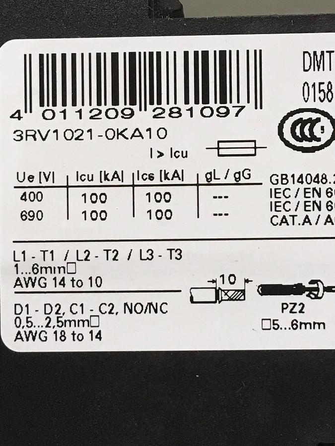 Siemens,3RV1021-0KA10,Motor Protector Circuit Breaker 0.9-1.25A