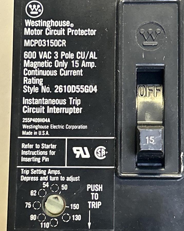 Used WESTINGHOUSE,MCP03150CR,CIRCUIT BREAKER 15A 600V 3P
