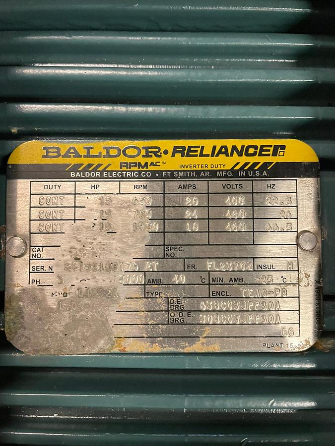 Used BALDOR,RPM FL-2570Z,15HP INVERTER DUTY BRAKE MOTOR 460V