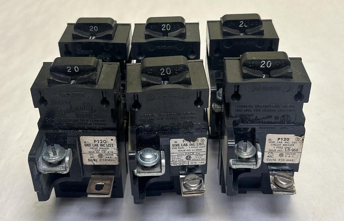 Used BULLDOG,P120,PUSHMATIC CIRCUIT BREAKER 20A 120/240V 1P LOT OF 6