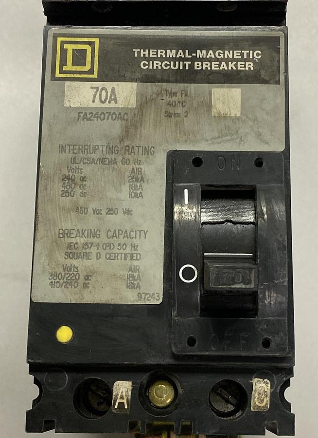 Used SQUARE D,FA24070AC,I-LINE CIRCUIT BREAKER 70A 480V 2P