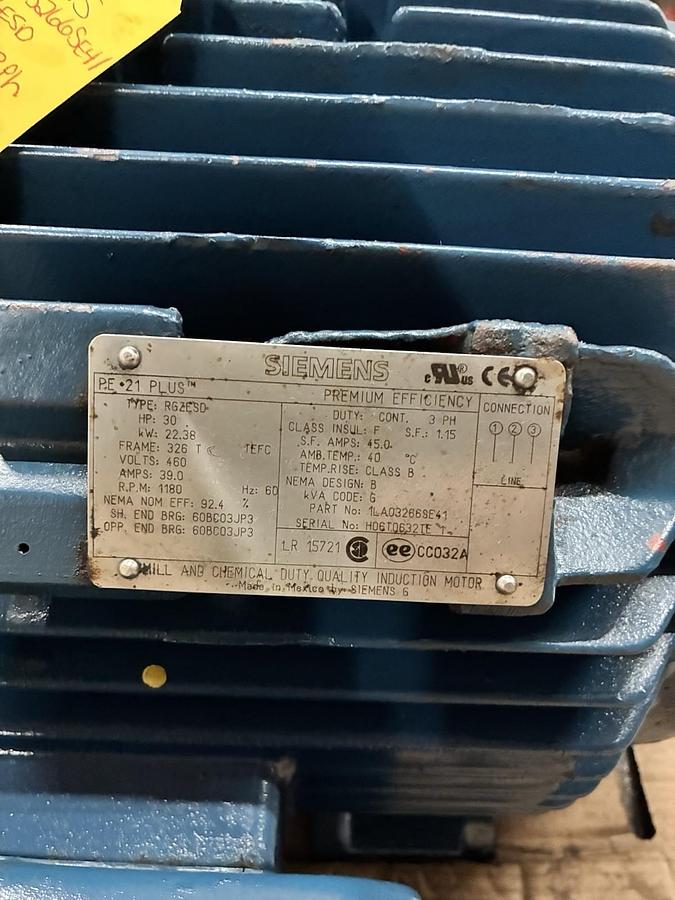Used SIEMENS,PE-21 PLUS,RGZESD CHEMICAL DUTY INDUCTION MOTOR 30HP 1180RPM 3PH 326T