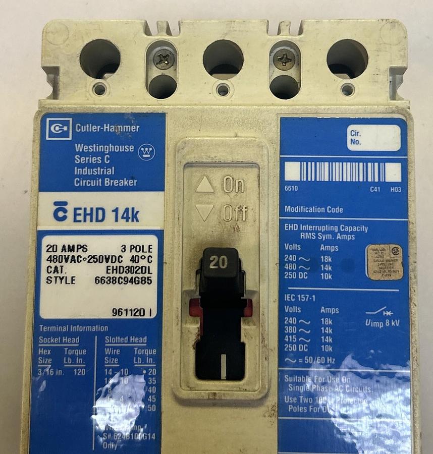 Used CUTLER-HAMMER,EHD3020L,CIRCUIT BREAKER 20A 480V 3P