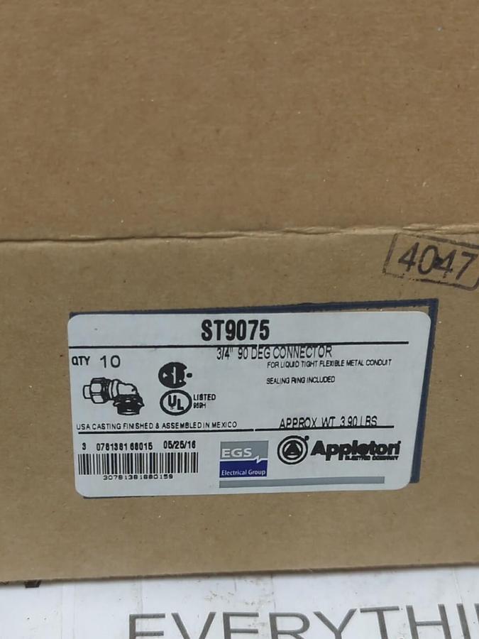APPLETON,ST9075,LIQUID TIGHT 3/4 INCH CONDUIT CONNECTORS 90 DEG BOX OF 10 NEW