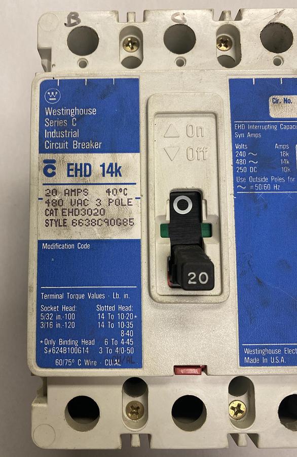 Used Westinghouse Cutler-Hammer,EHD3020,Circuit Breaker 20A 480V 3 Pole