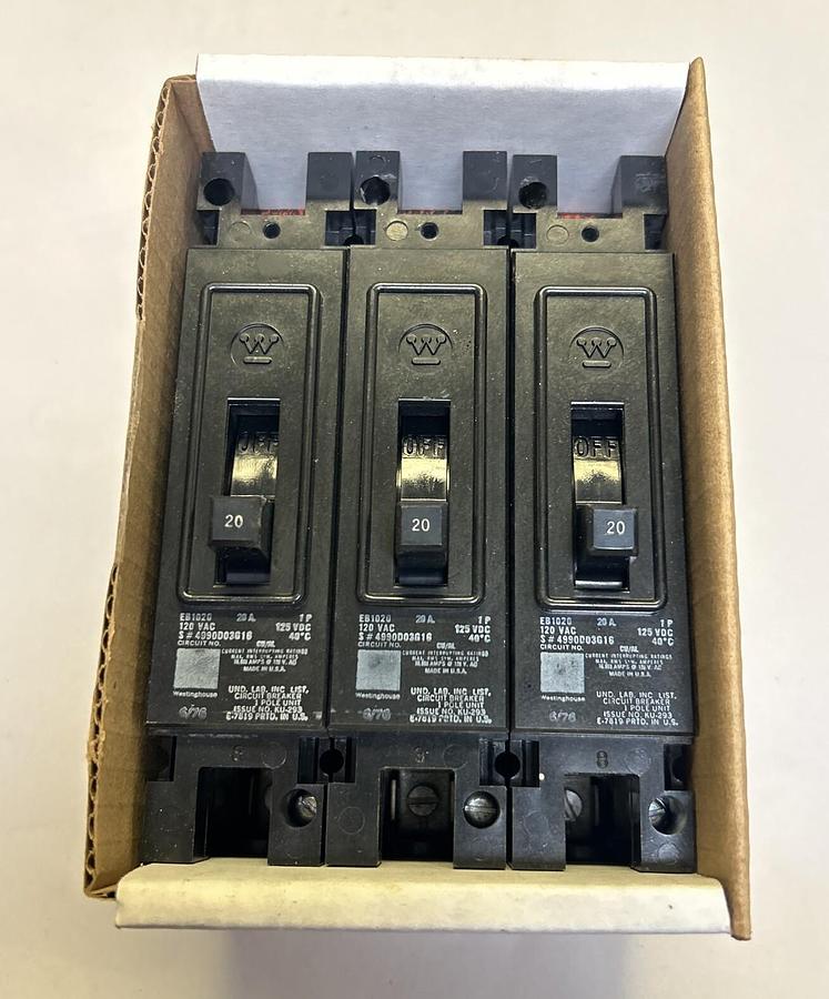 Used WESTINGHOUSE,EB1020,CIRCUIT BREAKER 20A 120V 1P LOT OF 3