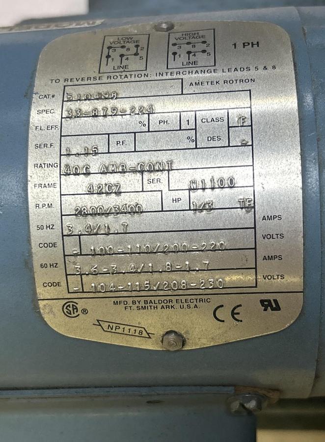 Used AMETEK,DR202Y9,REGENERATIVE BLOWER 1/3HP 2800/3400PRM 1PH 42C7 FRAME