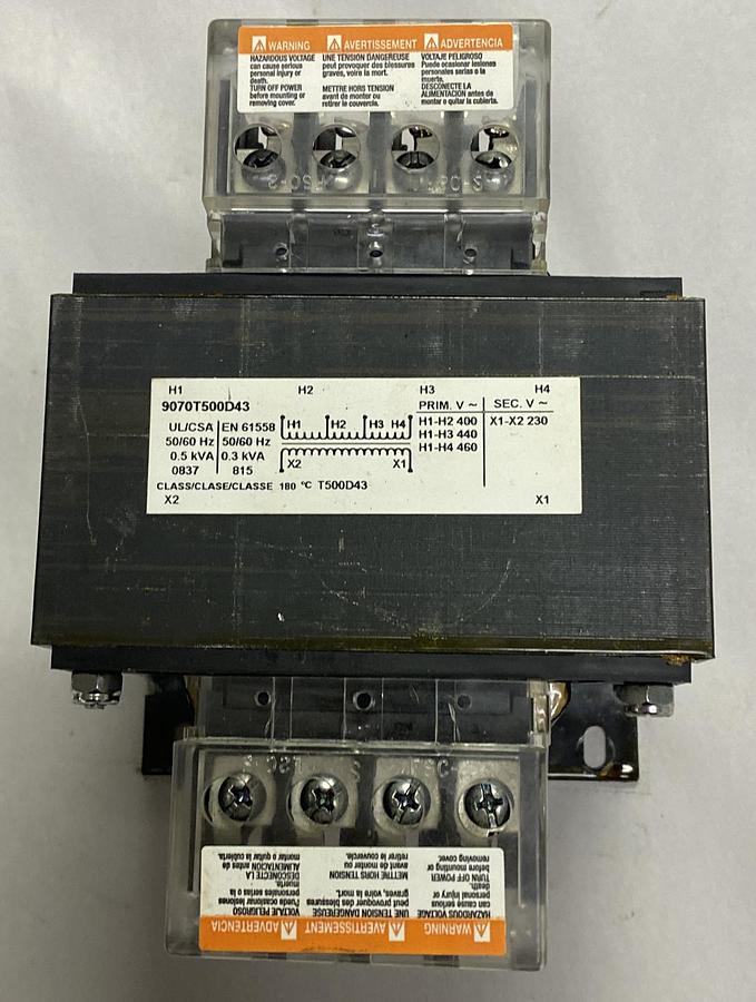 Used SQUARE D,9070T500D43,TRANSFORMER CONTROL 500VA 400/440/460-230