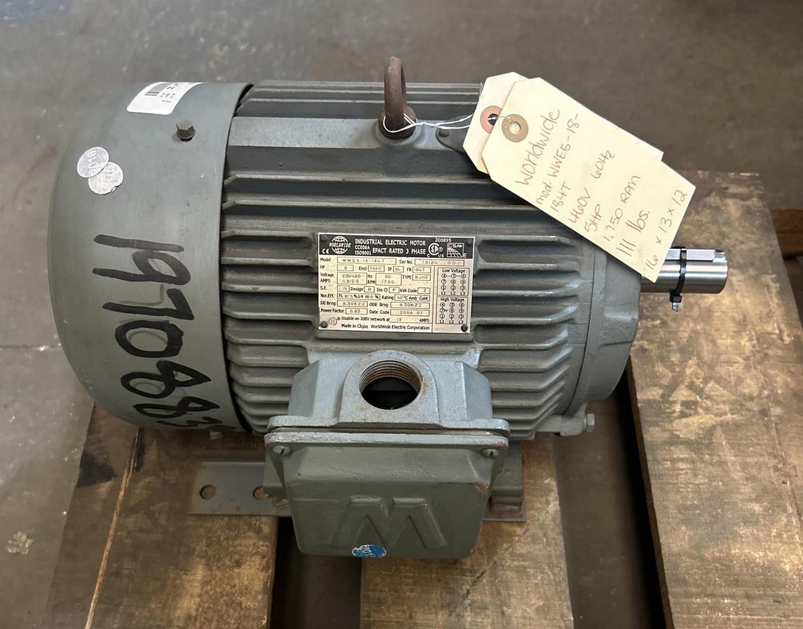 Used WORLDWIDE ELECTRIC,WWE5-18-184T,MOTOR 5HP 1750RPM 230/460V 3PH 184T FRAME