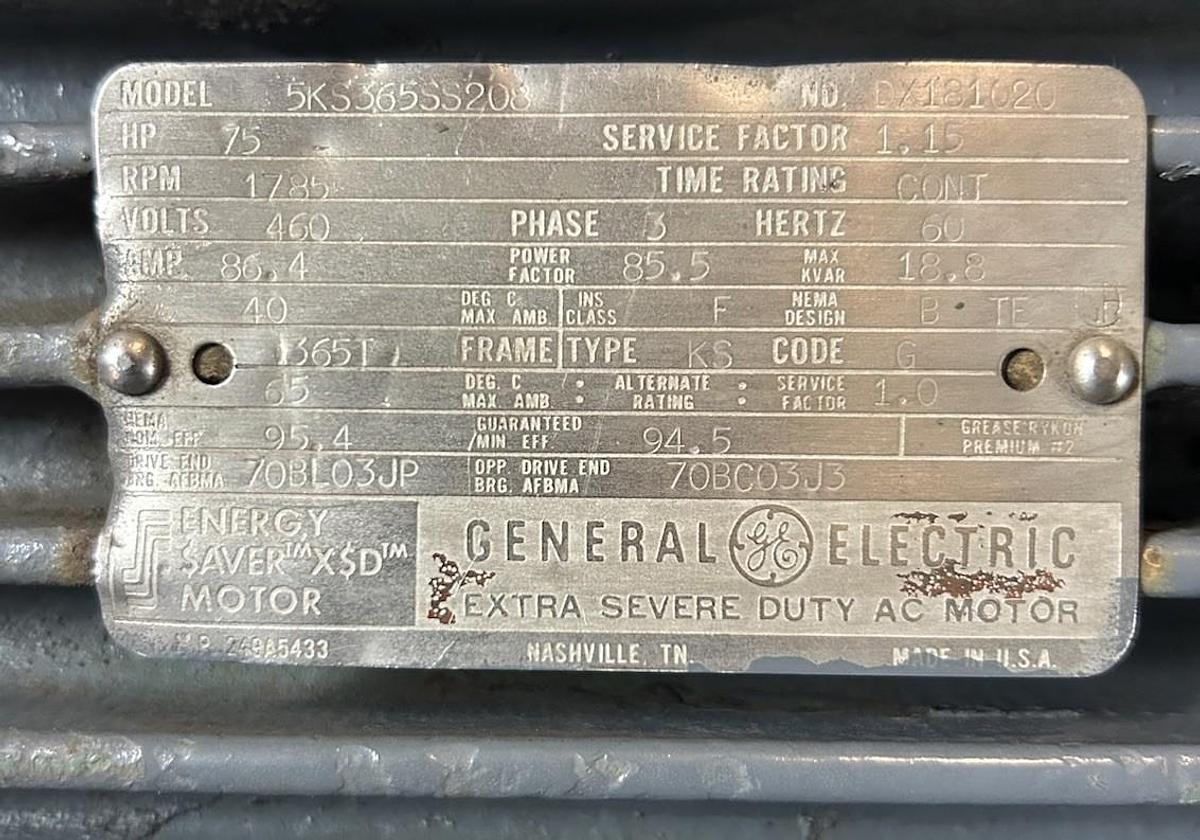 Used GE,5KS365SS208,MOTOR 75HP 460V 1785RPM 3PH 365T FRAME