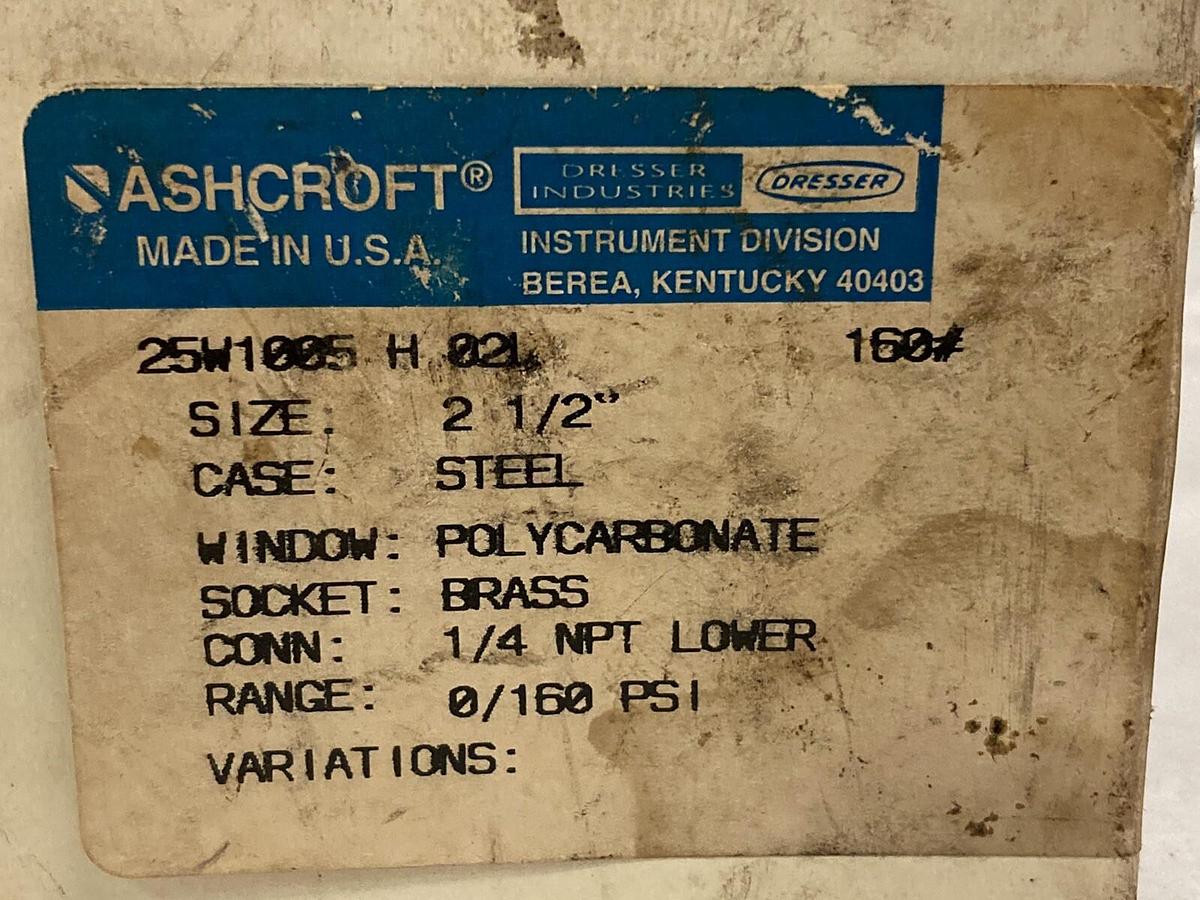 Ashcroft,25W1005-H-02B-160#,2-1/2 INCH Pressure Gauge 1/4 IN NPT Lower 0-160 PSI