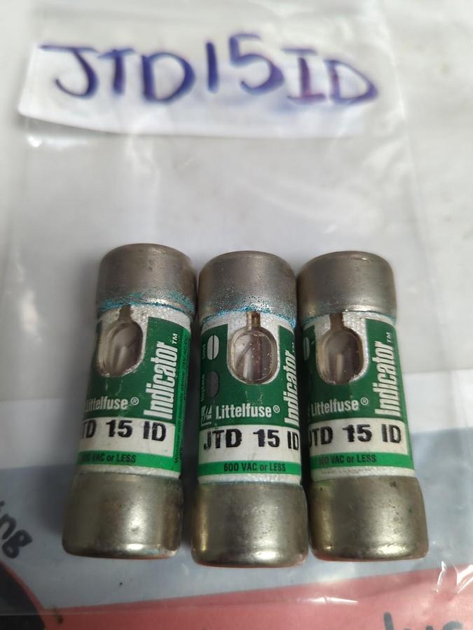 Used LITTELFUSE,JTD15ID,INDICATOR FUSE 15 AMP LOT OF 3 PRE-OWNED