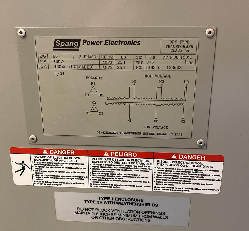 Spang,L18340,Transformer 20KVA 3 Phase 460V New