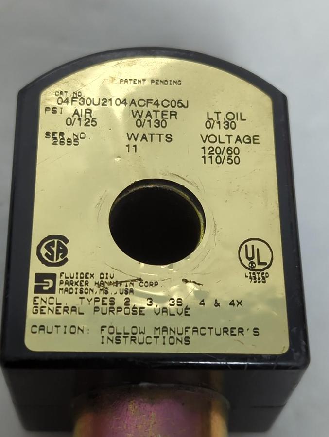 Used PARKER,04F3OU2104ACF4C05J,SOLENOID VALVE COIL 125PSI 11 WATT PRE-OWNED