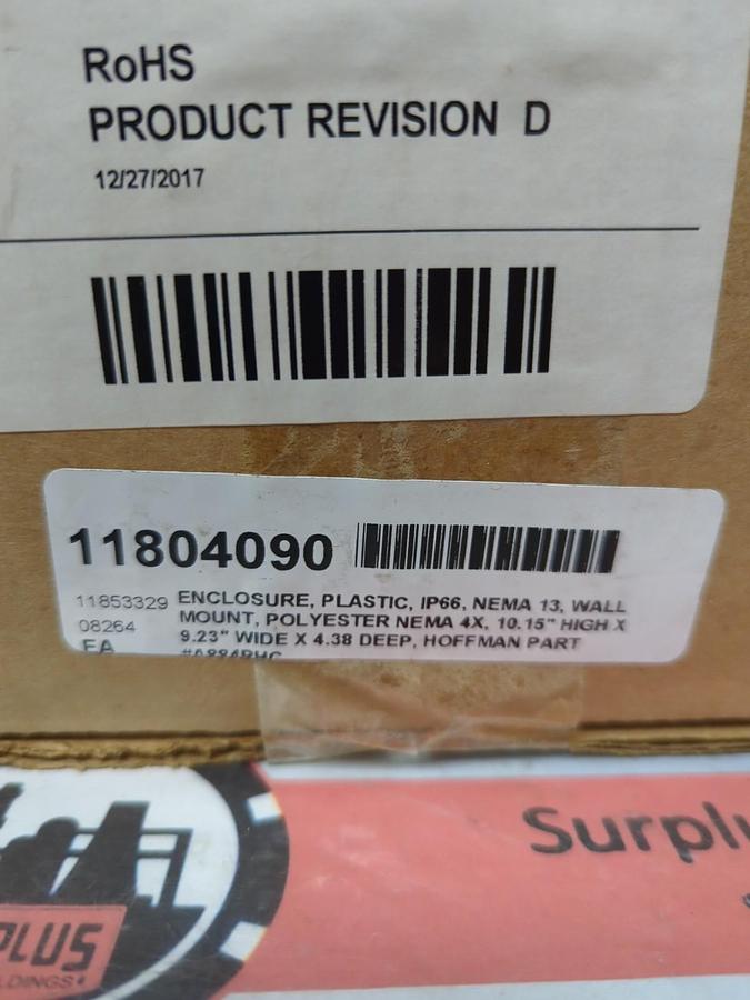HOFFMAN,A884PHC,POLYPRO PANEL ENCLOSURE 10.18HX9.23WX4.38D INCH NOS