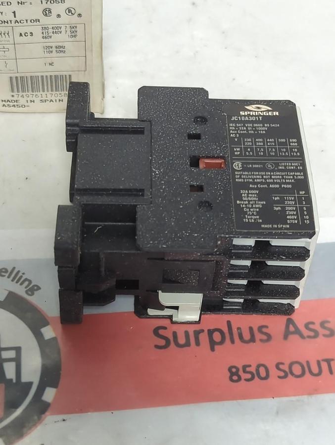 SPRINGER,JC18A301TJ,CONTACTOR 600V 32A MAX NOS