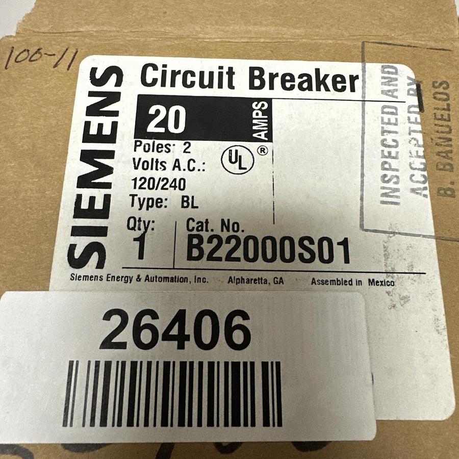 Siemens,B22000S01,10 Amp 2 Pole Shunt Trip Circuit Breaker