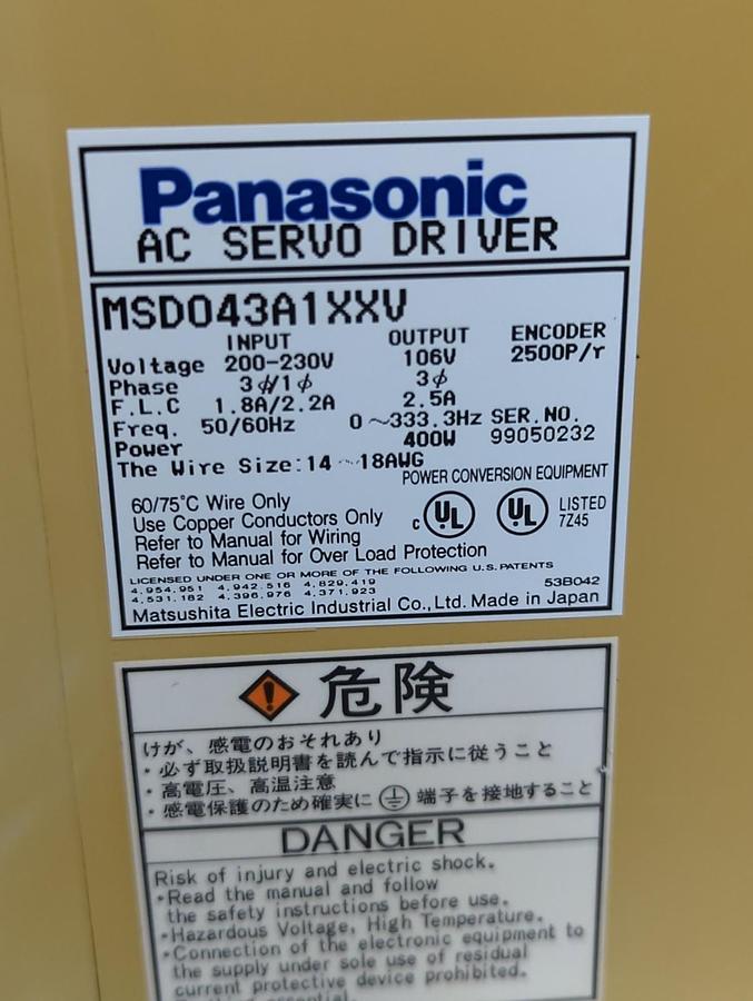 Used PANASONIC,MSD 043A1XXV,AC SERVO DRIVER 200V 400W PRE-OWNED