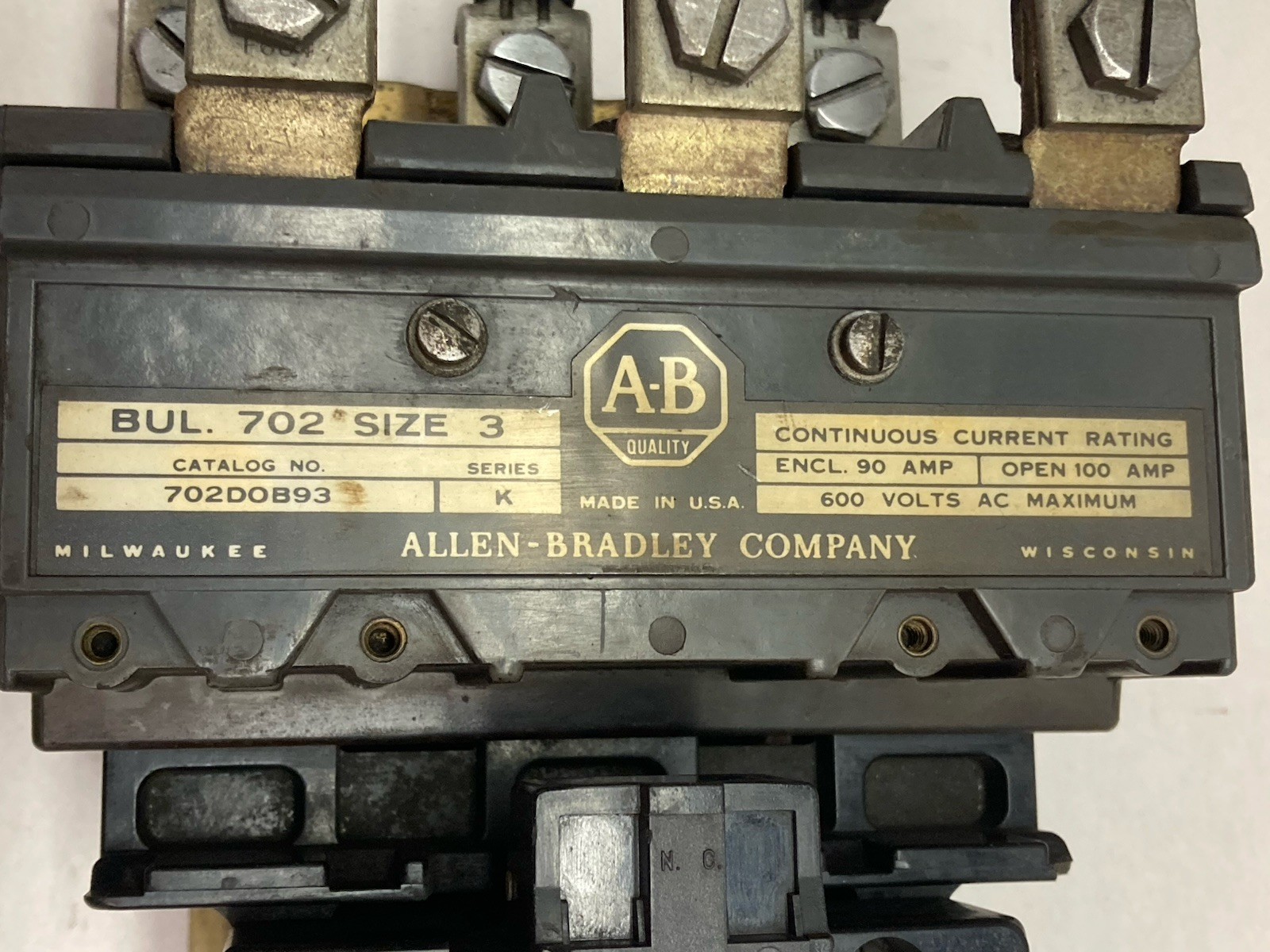 Used Allen-Bradley,702DOB93,Contactor Size 3 Ser K 600Vac