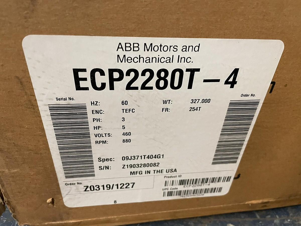 Used BALDOR,ECP2280T-4,SUPER E SEVERE DUTY XEX 5HP MOTOR 880RPM 460V 254T