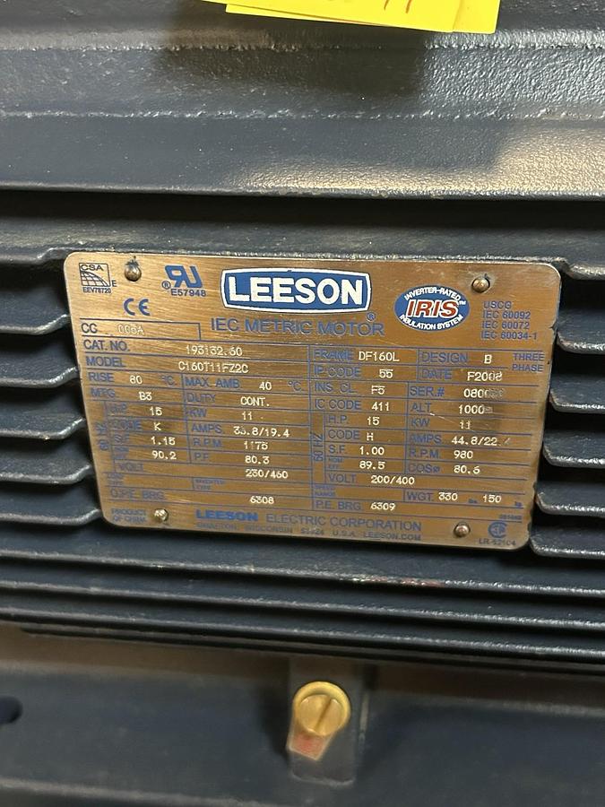Used LEESON,193132.60,MOTOR 15HP 230/460V 1175RPM 3PH DF160L FRAME